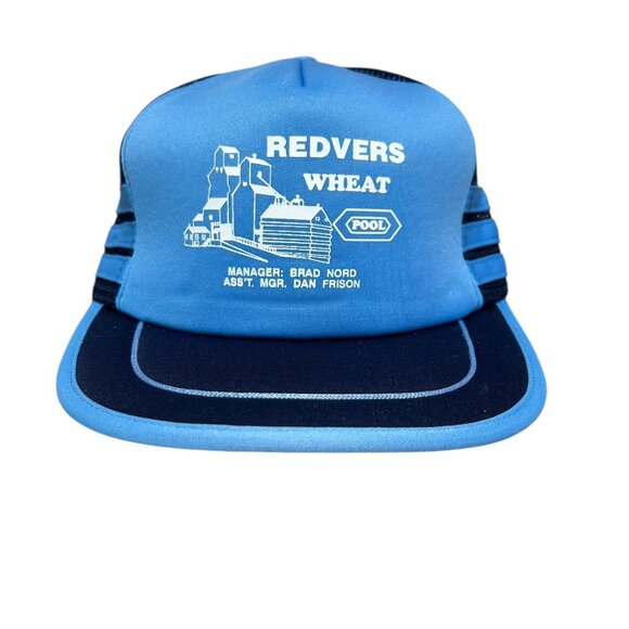 Vintage Trucker Hat Snap Back Mesh Sides 3 Stripes Blue Redvers Wheat Pool - Picture 1 of 6